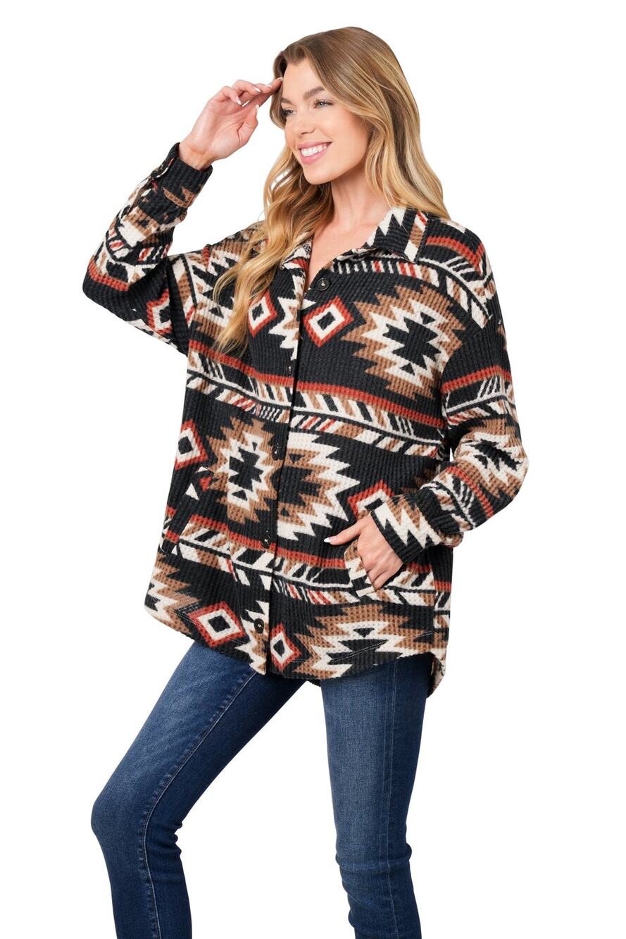 Zenana Outfitters Aztec Southwestern Waffle Shacket Oversized Women’s Medium